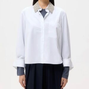 White Long Sleeve Top with Crystal Collar